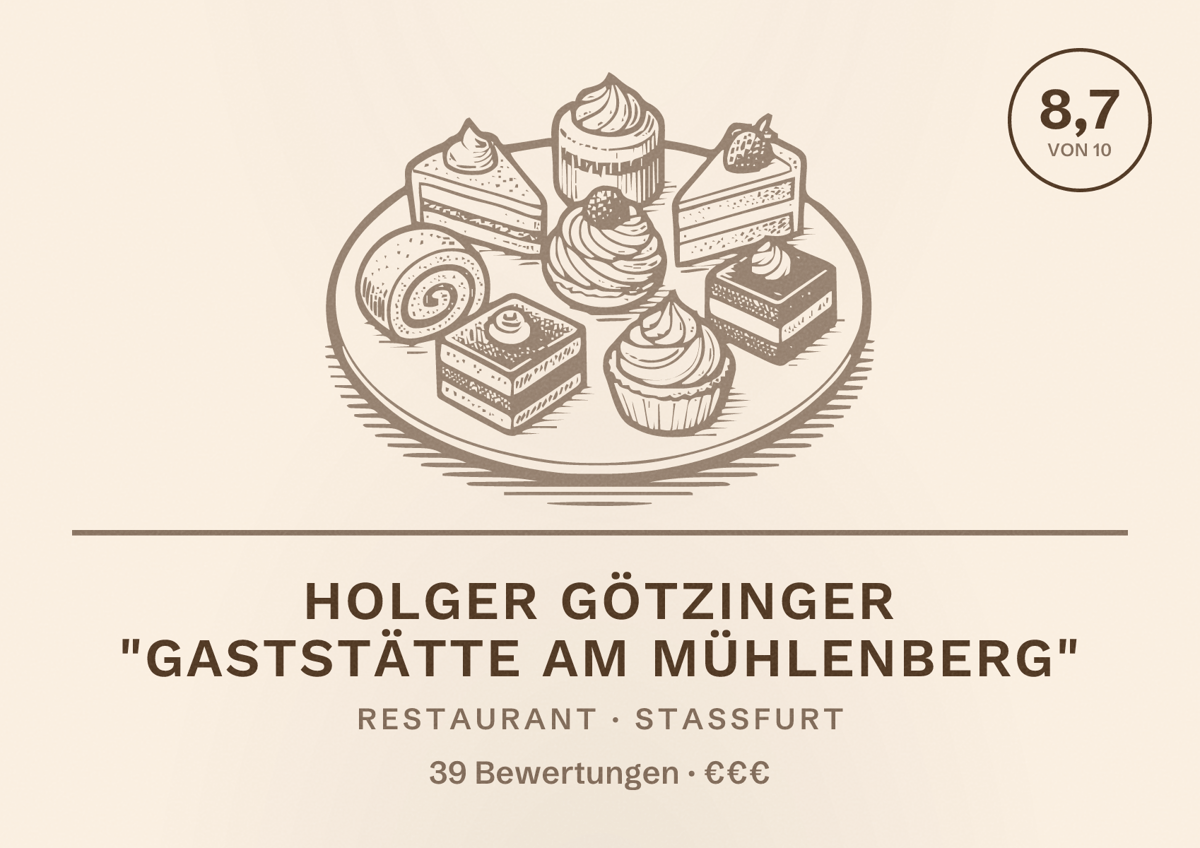 Illustriertes Poster von Holger Götzinger "Gaststätte am Mühlenberg", Restaurant in Staßfurt: Bewertung 8,7 von 10 aus 39 Bewertungen, Preisniveau €€€