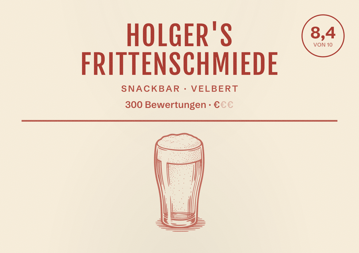 Illustriertes Poster von Holger's Frittenschmiede, Snackbar in Velbert: Bewertung 8,4 von 10 aus 300 Bewertungen, Preisniveau €