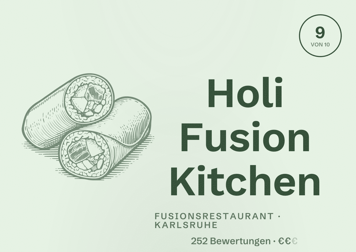Illustriertes Poster von Holi Fusion Kitchen, Fusionsrestaurant in Karlsruhe: Bewertung 9 von 10 aus 252 Bewertungen, Preisniveau €€