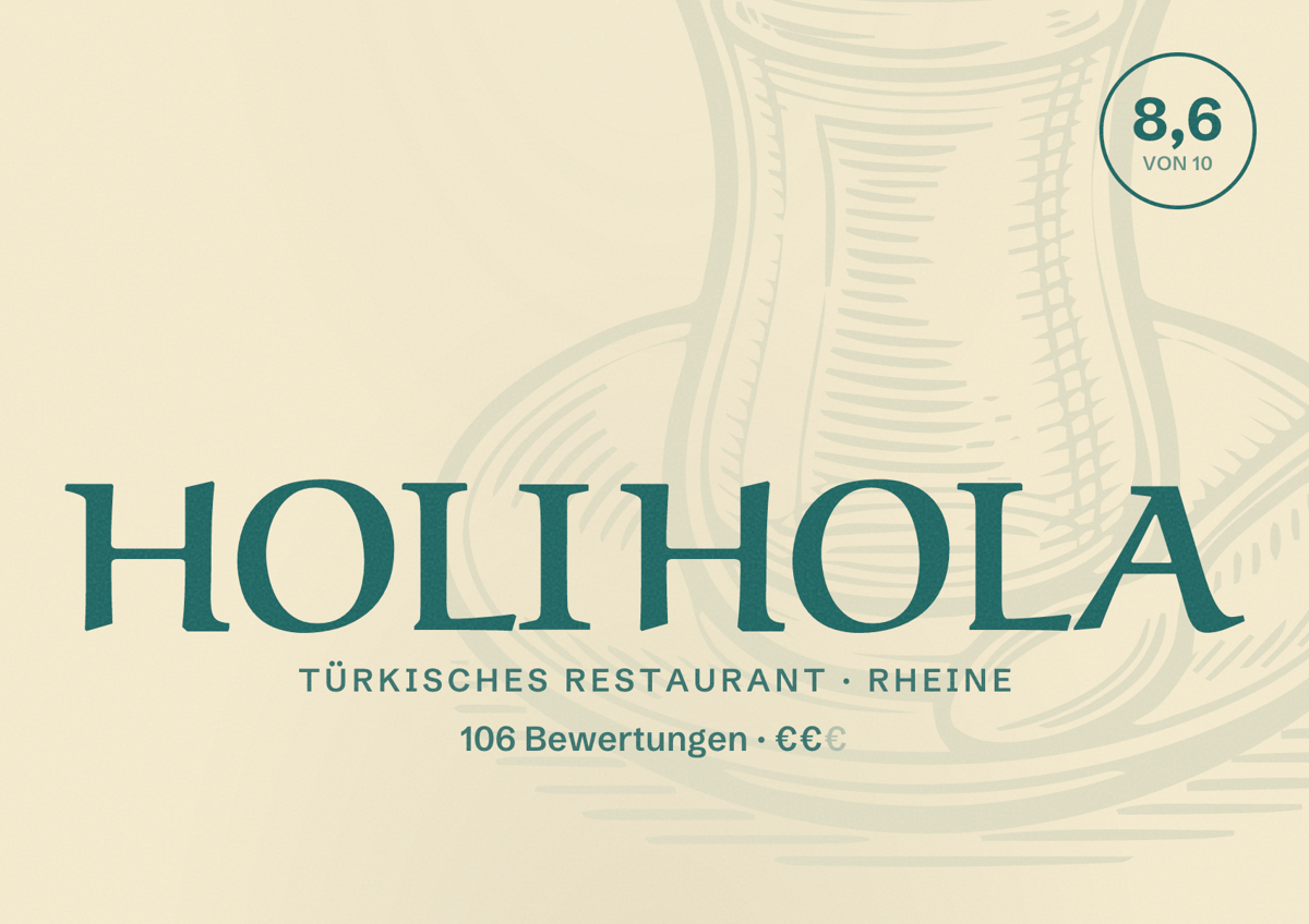 Illustriertes Poster von HOLI HOLA, Türkisches Restaurant in Rheine: Bewertung 8,6 von 10 aus 106 Bewertungen, Preisniveau €€