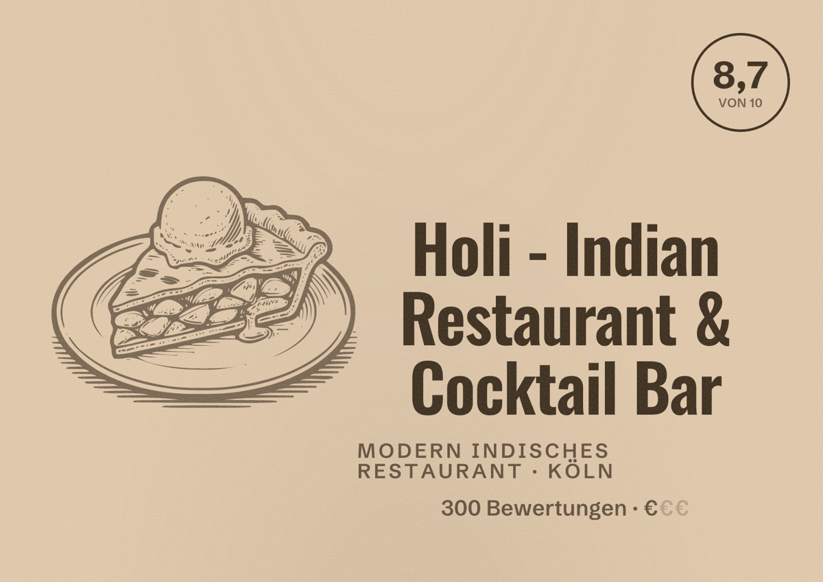 Illustriertes Poster von Holi - Indian Restaurant & Cocktail Bar, Modern indisches Restaurant in Köln: Bewertung 8,7 von 10 aus 300 Bewertungen, Preisniveau €