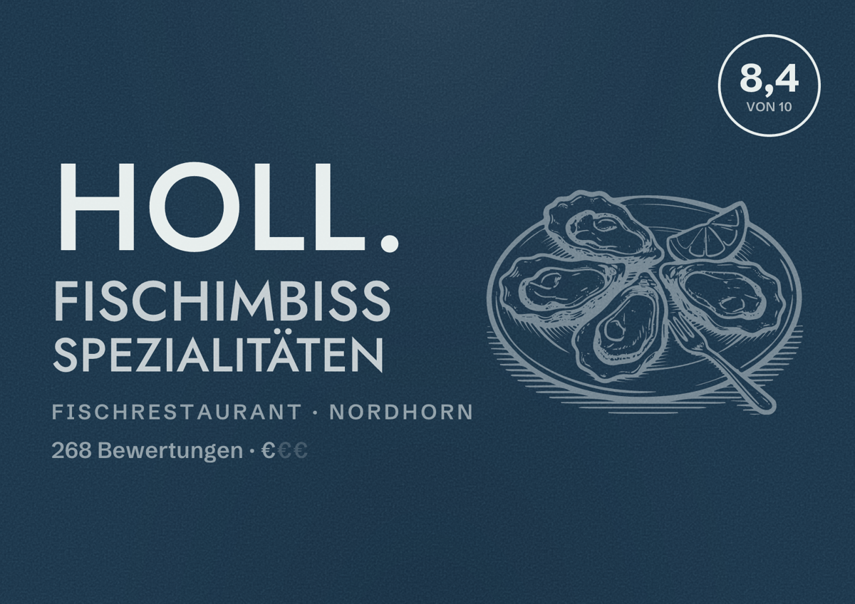 Illustriertes Poster von Holl. Fischimbiss Spezialitäten, Fischrestaurant in Nordhorn: Bewertung 8,4 von 10 aus 268 Bewertungen, Preisniveau €