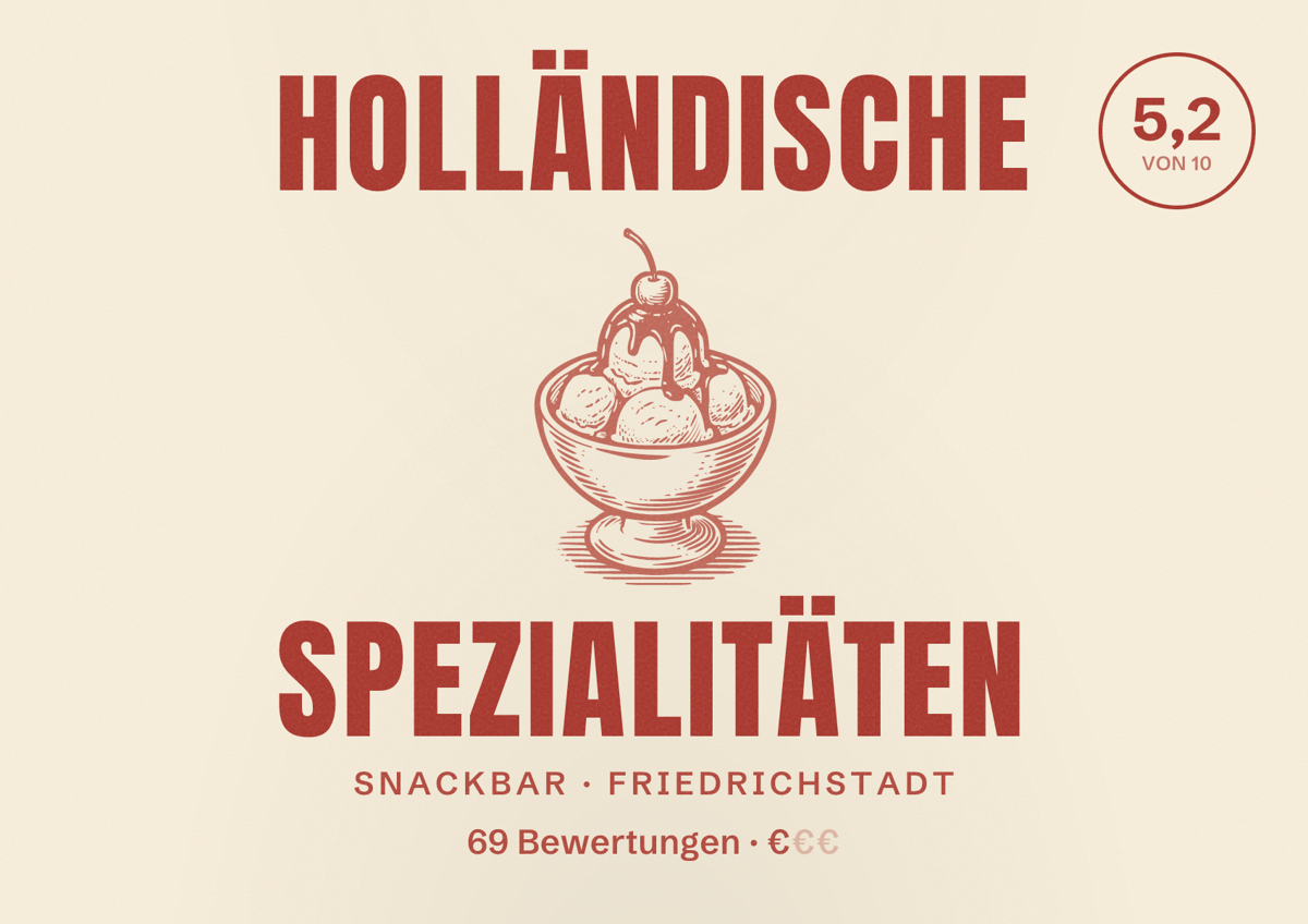 Illustriertes Poster von Holländische Spezialitäten, Snackbar in Friedrichstadt: Bewertung 5,2 von 10 aus 69 Bewertungen, Preisniveau €