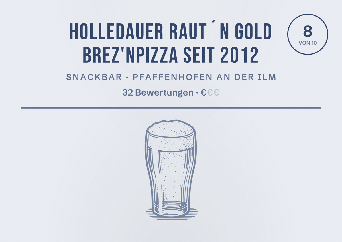 Illustriertes Poster von Holledauer Raut´n Gold Brez'nPizza seit 2012, Snackbar in Pfaffenhofen an der Ilm: Bewertung 8 von 10 aus 32 Bewertungen, Preisniveau €
