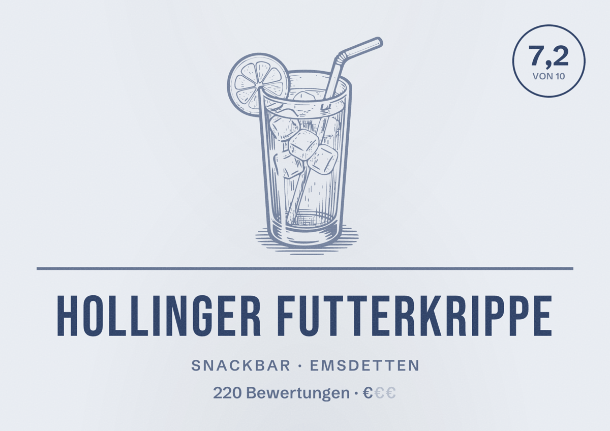 Illustriertes Poster von Hollinger Futterkrippe, Snackbar in Emsdetten: Bewertung 7,2 von 10 aus 220 Bewertungen, Preisniveau €