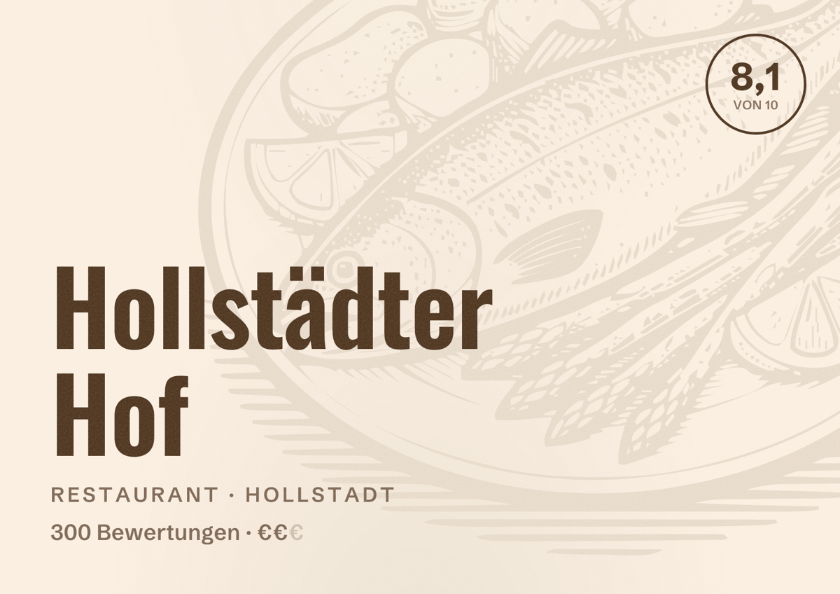 Illustriertes Poster von Hollstädter Hof, Restaurant in Hollstadt: Bewertung 8,1 von 10 aus 300 Bewertungen, Preisniveau €€