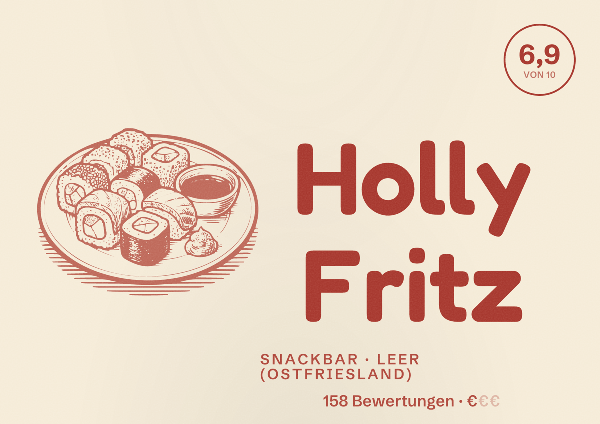 Illustriertes Poster von Holly Fritz, Snackbar in Leer (Ostfriesland): Bewertung 6,9 von 10 aus 158 Bewertungen, Preisniveau €