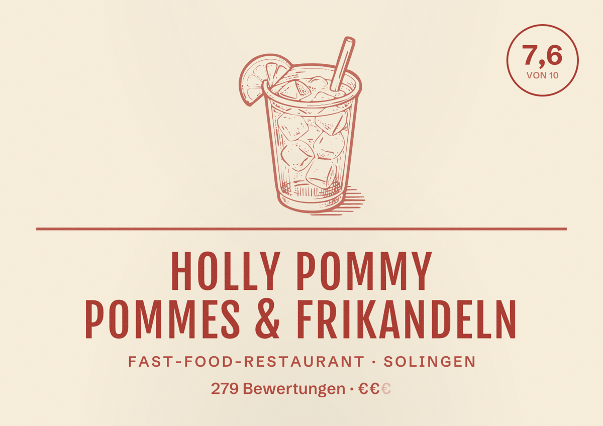 Illustriertes Poster von Holly Pommy Pommes & Frikandeln, Fast-Food-Restaurant in Solingen: Bewertung 7,6 von 10 aus 279 Bewertungen, Preisniveau €€