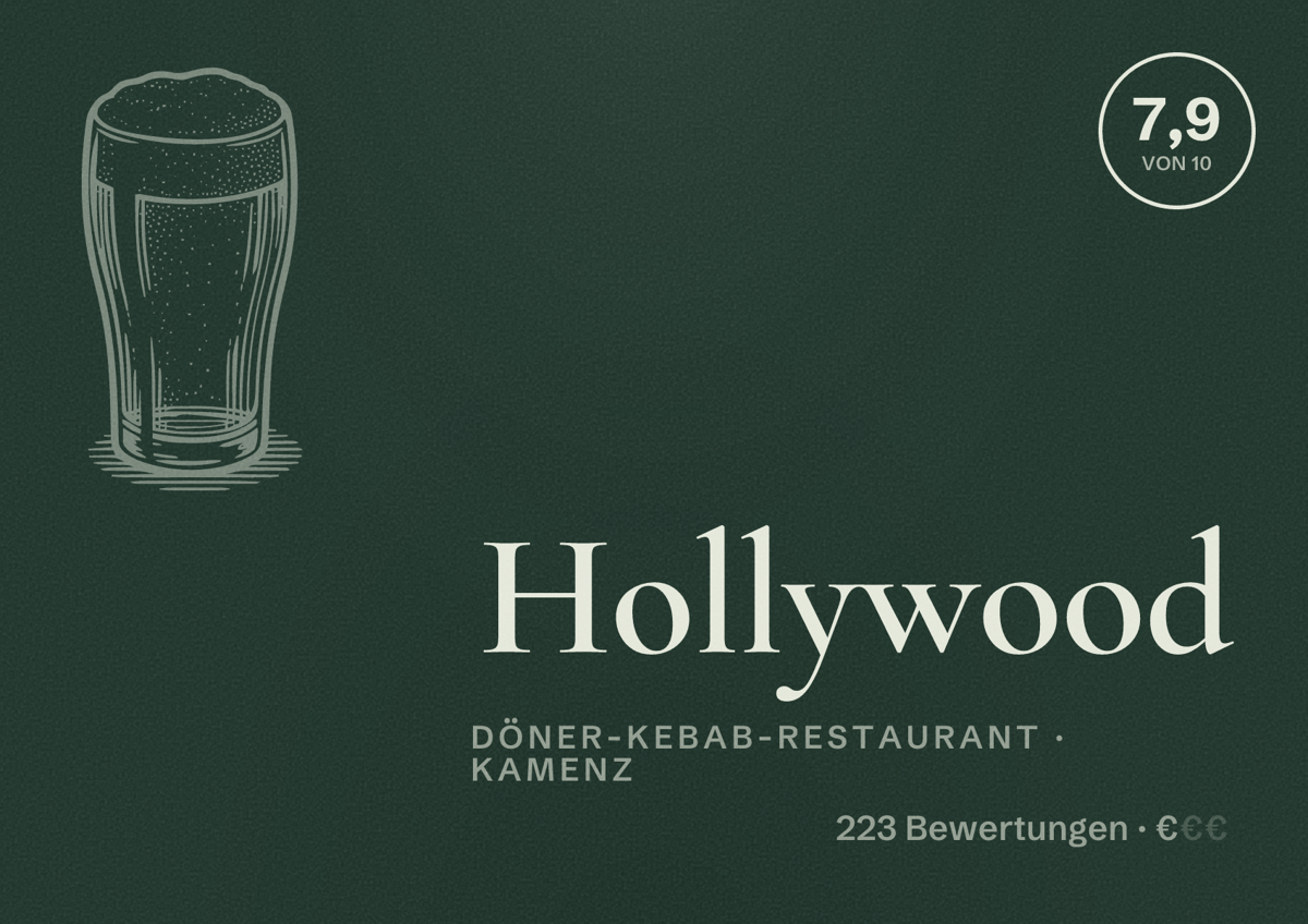 Illustriertes Poster von Hollywood, Döner-Kebab-Restaurant in Kamenz: Bewertung 7,9 von 10 aus 223 Bewertungen, Preisniveau €