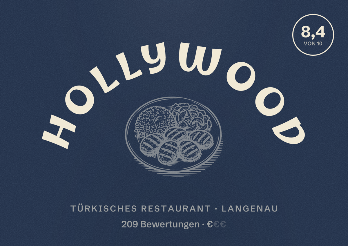 Illustriertes Poster von Hollywood, Türkisches Restaurant in Langenau: Bewertung 8,4 von 10 aus 209 Bewertungen, Preisniveau €