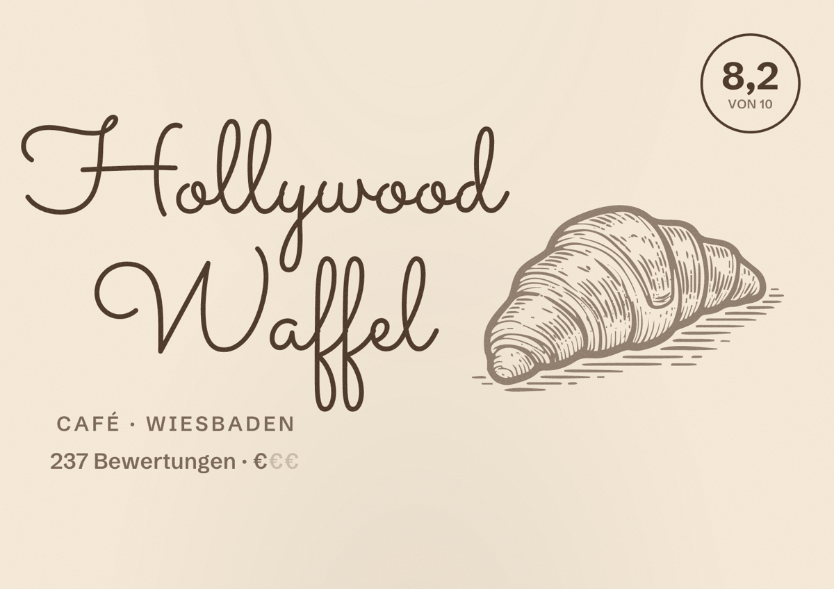 Illustriertes Poster von Hollywood Waffel, Café in Wiesbaden: Bewertung 8,2 von 10 aus 237 Bewertungen, Preisniveau €