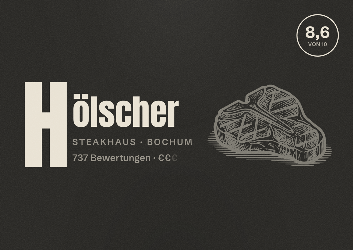 Illustriertes Poster von Hölscher, Steakhaus in Bochum: Gästebewertung 8,6 von 10 aus 737 Bewertungen