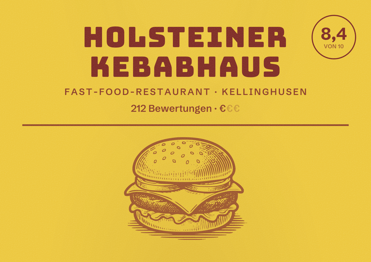 Illustriertes Poster von Holsteiner Kebabhaus, Fast-Food-Restaurant in Kellinghusen: Bewertung 8,4 von 10 aus 212 Bewertungen, Preisniveau €