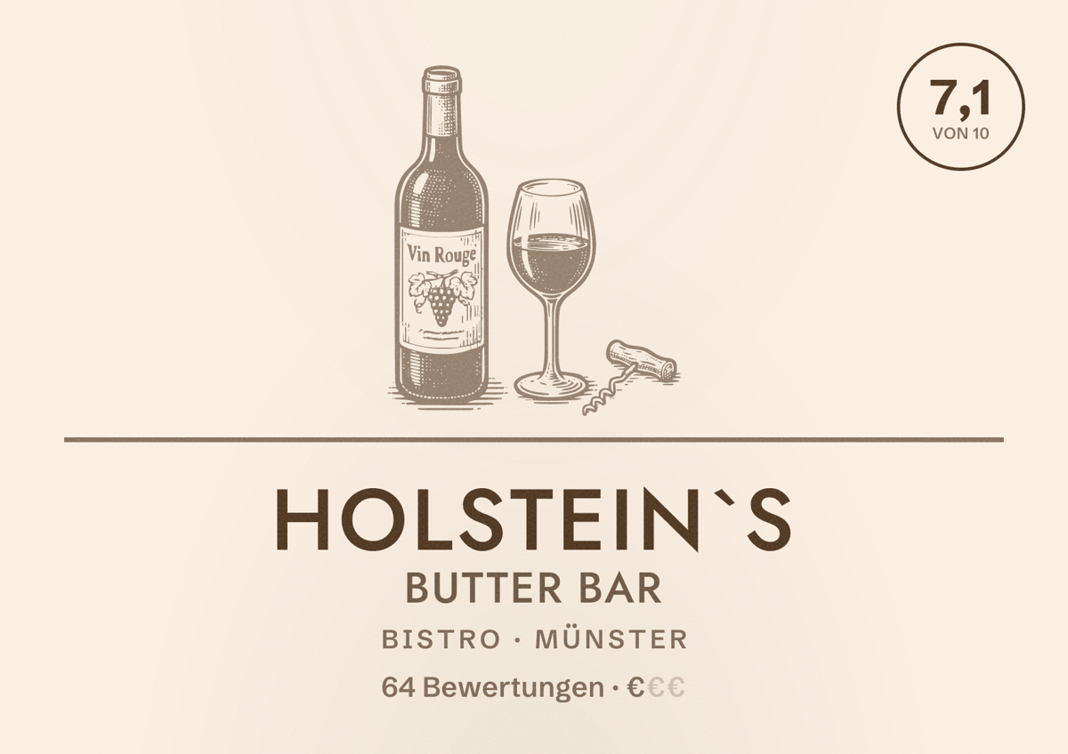 Illustriertes Poster von Holstein`s Butter Bar, Bistro in Münster: Bewertung 7,1 von 10 aus 64 Bewertungen, Preisniveau €