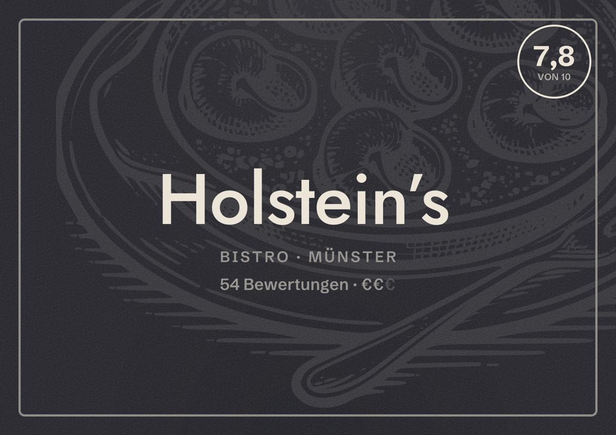 Illustriertes Poster von Holstein’s, Bistro in Münster: Bewertung 7,8 von 10 aus 54 Bewertungen, Preisniveau €€
