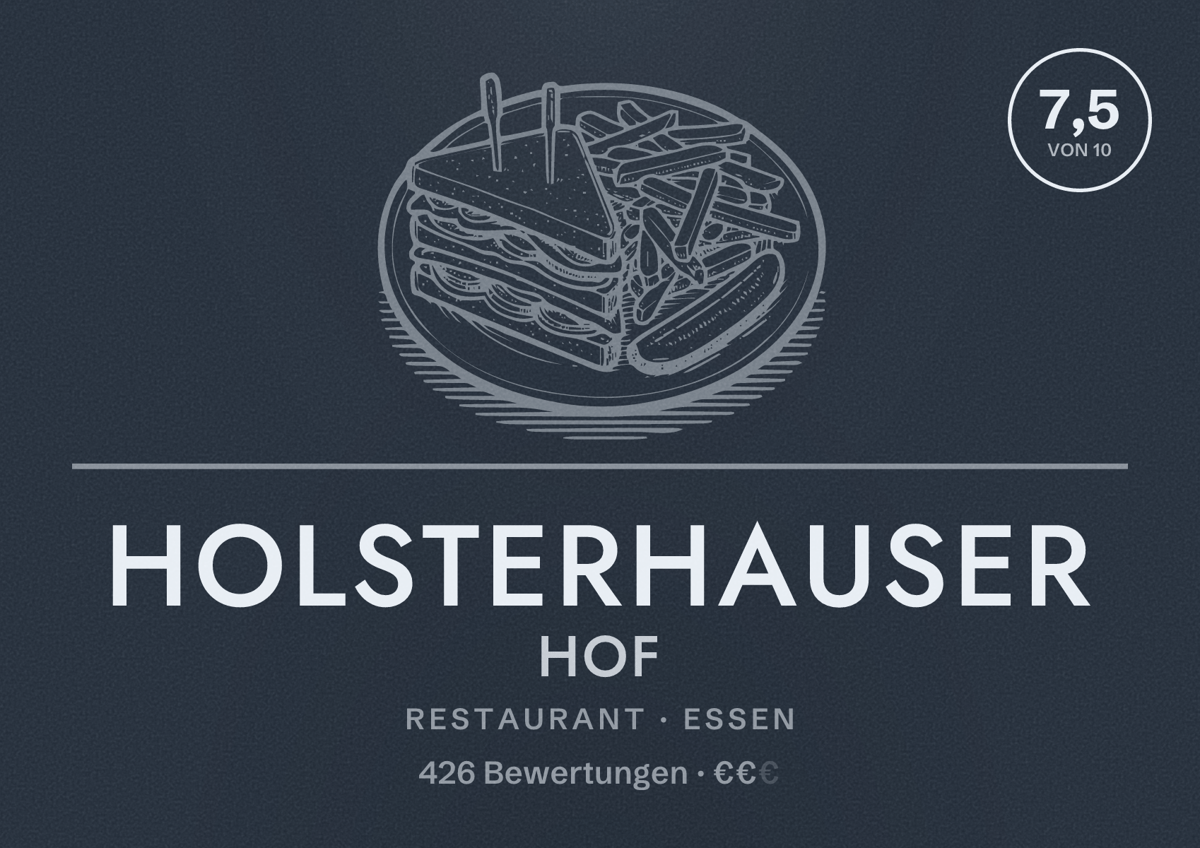 Illustriertes Poster von Holsterhauser Hof, Restaurant in Essen: Bewertung 7,5 von 10 aus 426 Bewertungen, Preisniveau €€