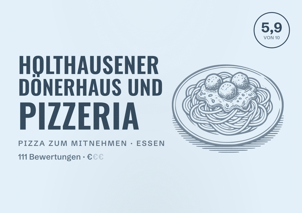 Illustriertes Poster von Holthausener Dönerhaus und Pizzeria, Pizza zum Mitnehmen in Essen: Bewertung 5,9 von 10 aus 111 Bewertungen, Preisniveau €