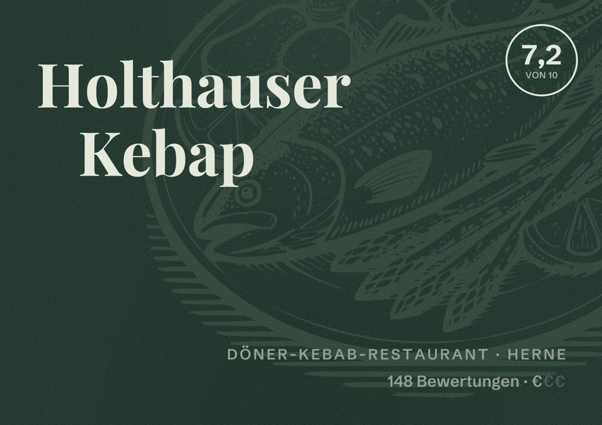 Illustriertes Poster von Holthauser Kebap, Döner-Kebab-Restaurant in Herne: Bewertung 7,2 von 10 aus 148 Bewertungen, Preisniveau €