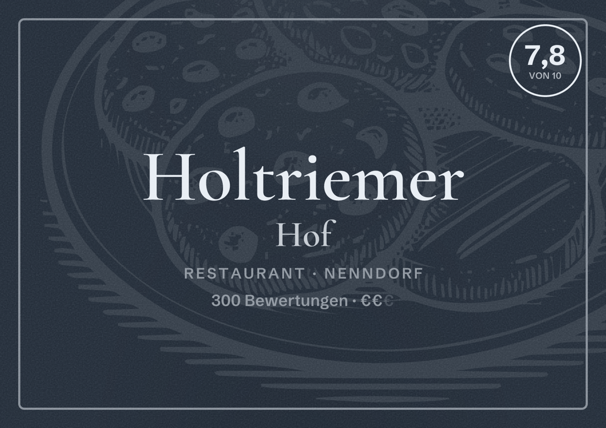 Illustriertes Poster von Holtriemer Hof, Restaurant in Nenndorf: Bewertung 7,8 von 10 aus 300 Bewertungen, Preisniveau €€