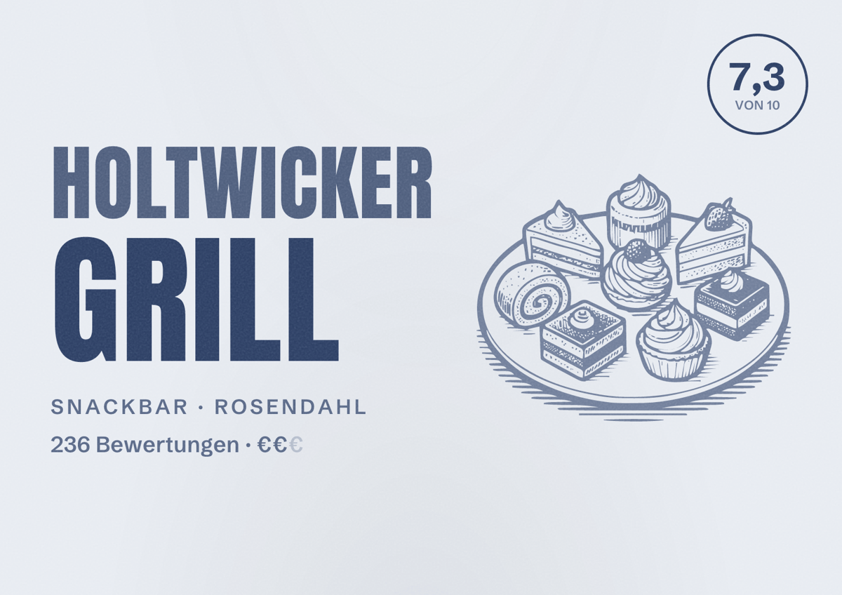 Illustriertes Poster von Holtwicker Grill, Snackbar in Rosendahl: Bewertung 7,3 von 10 aus 236 Bewertungen, Preisniveau €€