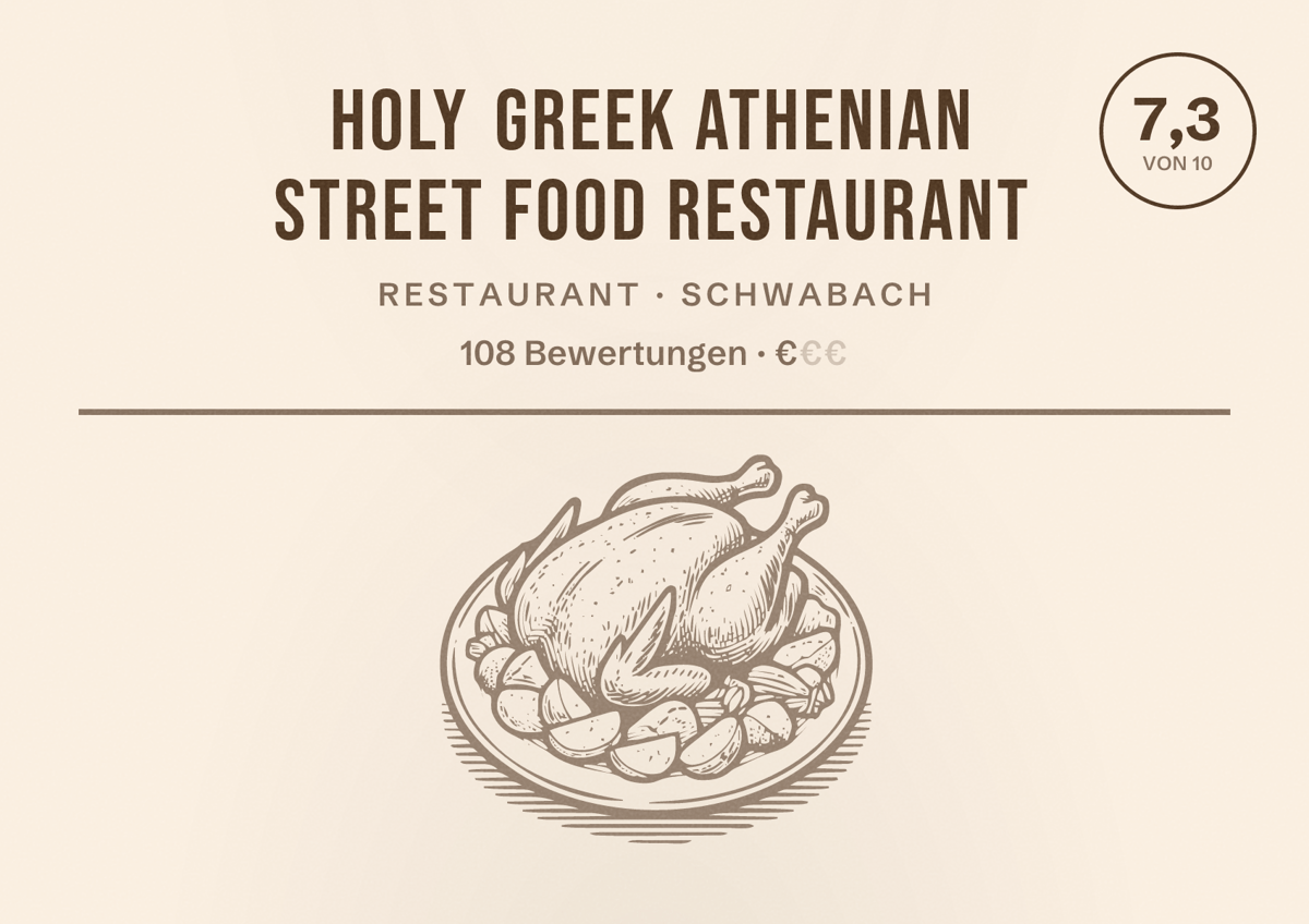 Illustriertes Poster von Holy Greek Athenian Street Food Restaurant, Restaurant in Schwabach: Bewertung 7,3 von 10 aus 108 Bewertungen, Preisniveau €