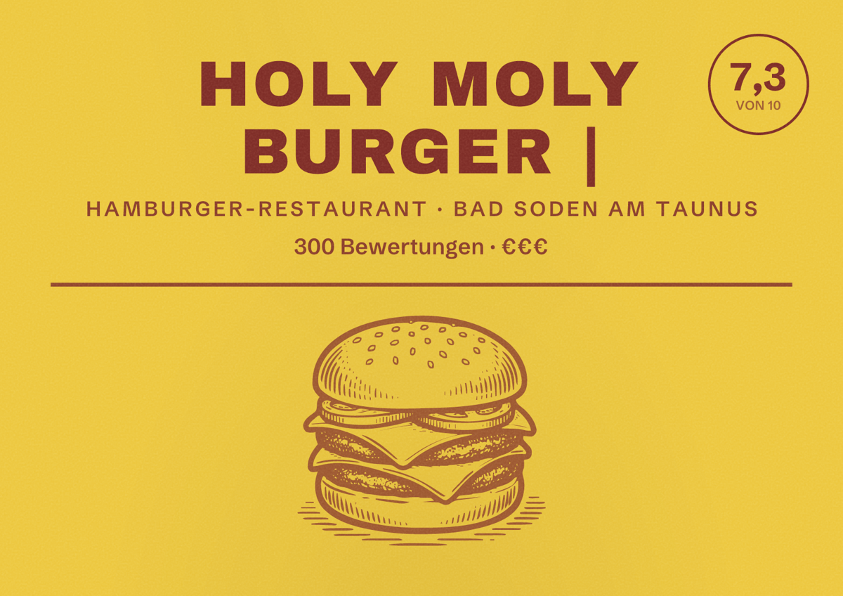 Illustriertes Poster von HOLY MOLY BURGER |, Hamburger-Restaurant in Bad Soden am Taunus: Bewertung 7,3 von 10 aus 300 Bewertungen, Preisniveau €€€