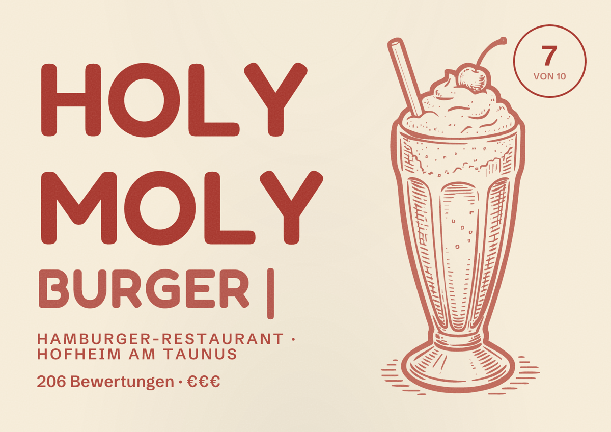Illustriertes Poster von HOLY MOLY BURGER |, Hamburger-Restaurant in Hofheim am Taunus: Bewertung 7 von 10 aus 206 Bewertungen, Preisniveau €€€