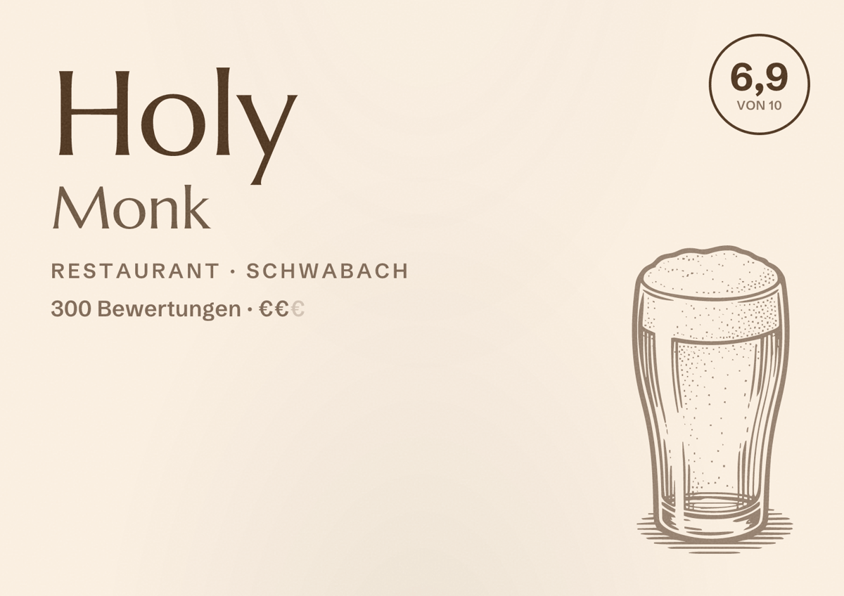 Illustriertes Poster von Holy Monk, Restaurant in Schwabach: Bewertung 6,9 von 10 aus 300 Bewertungen, Preisniveau €€