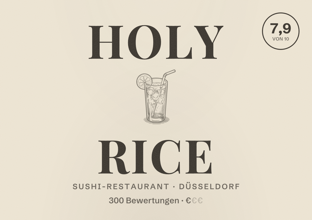 Illustriertes Poster von Holy Rice, Sushi-Restaurant in Düsseldorf: Bewertung 7,9 von 10 aus 300 Bewertungen, Preisniveau €