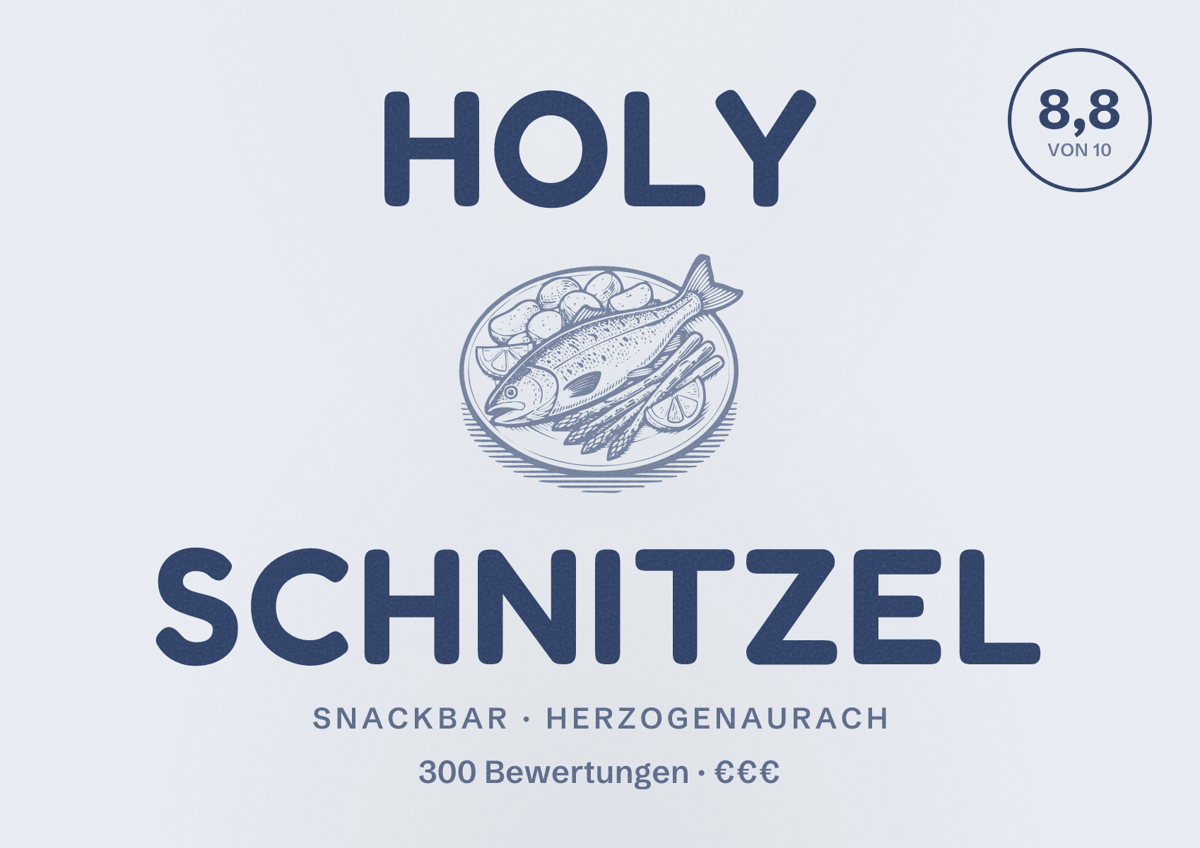 Illustriertes Poster von Holy Schnitzel, Snackbar in Herzogenaurach: Bewertung 8,8 von 10 aus 300 Bewertungen, Preisniveau €€€