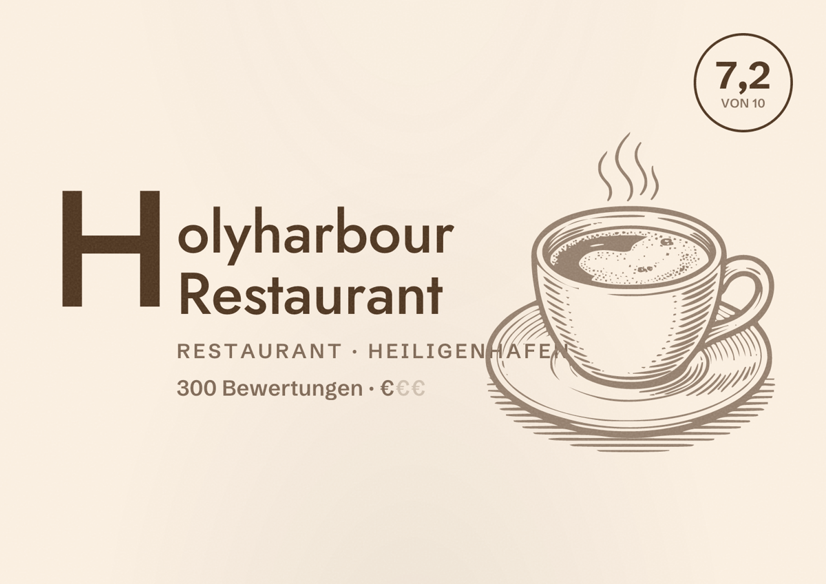 Illustriertes Poster von Holyharbour Restaurant, Restaurant in Heiligenhafen: Bewertung 7,2 von 10 aus 300 Bewertungen, Preisniveau €