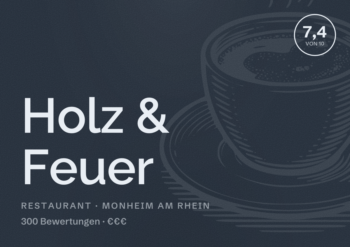 Illustriertes Poster von Holz & Feuer, Restaurant in Monheim am Rhein: Bewertung 7,4 von 10 aus 300 Bewertungen, Preisniveau €€€