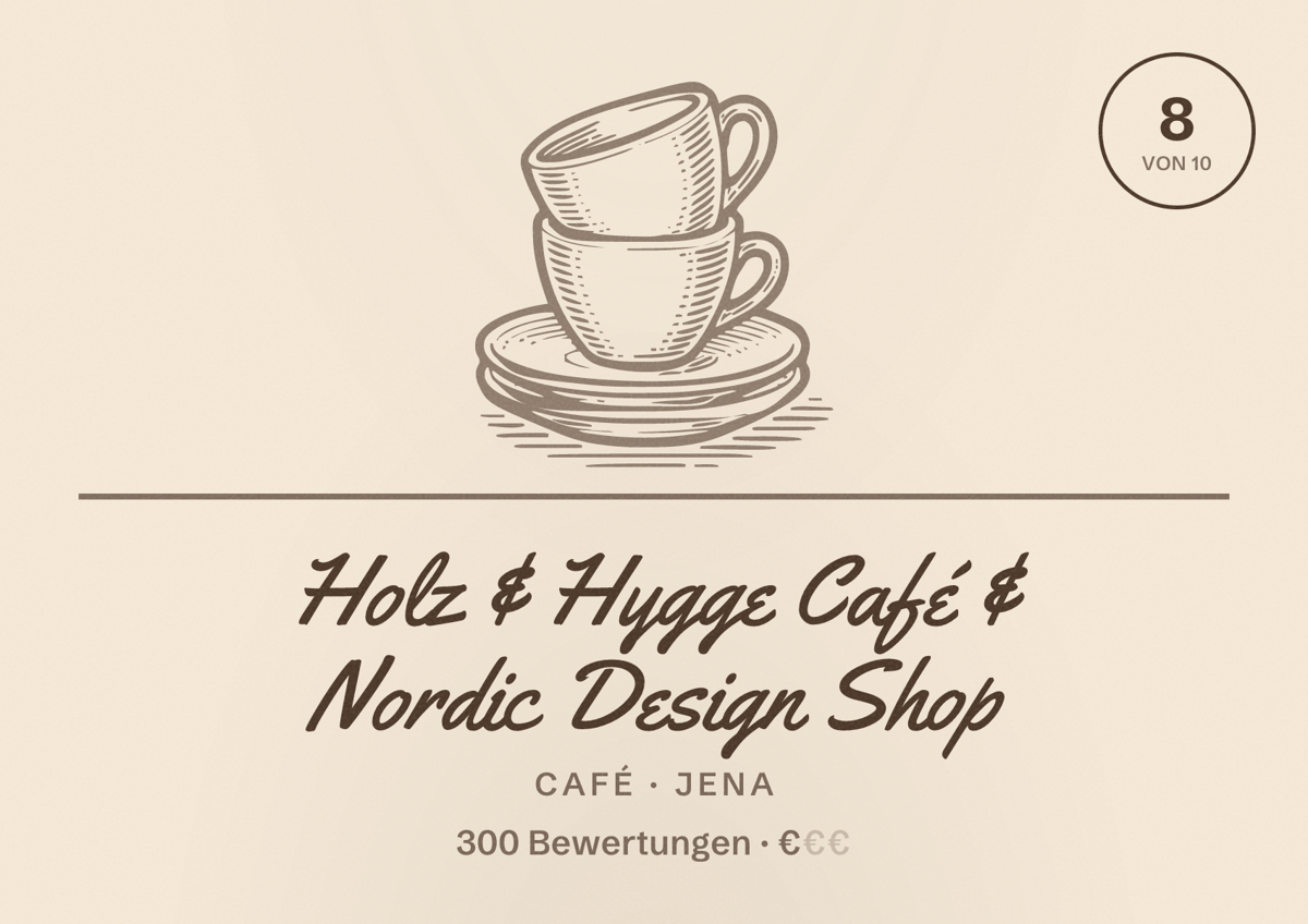 Illustriertes Poster von Holz & Hygge Café & Nordic Design Shop, Café in Jena: Bewertung 8 von 10 aus 300 Bewertungen, Preisniveau €