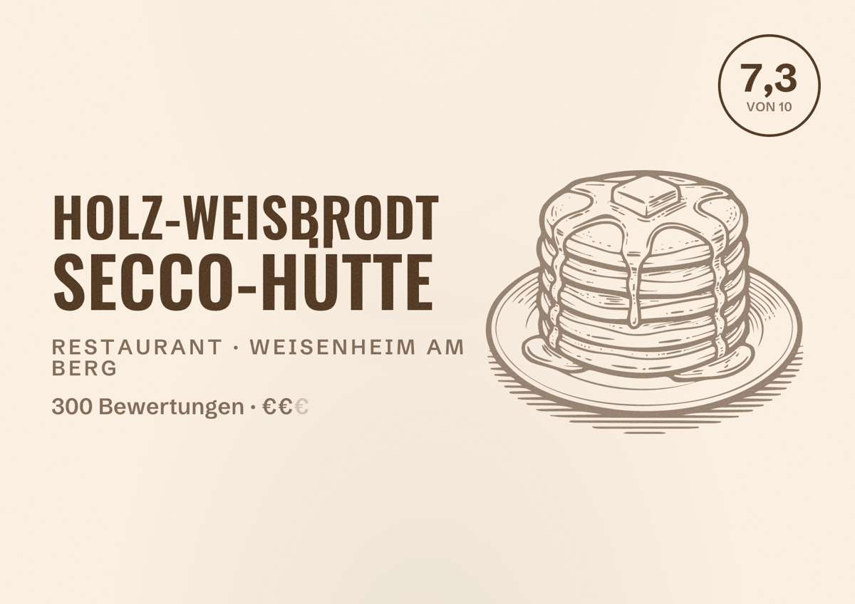 Illustriertes Poster von Holz-Weisbrodt Secco-Hütte, Restaurant in Weisenheim am Berg: Bewertung 7,3 von 10 aus 300 Bewertungen, Preisniveau €€