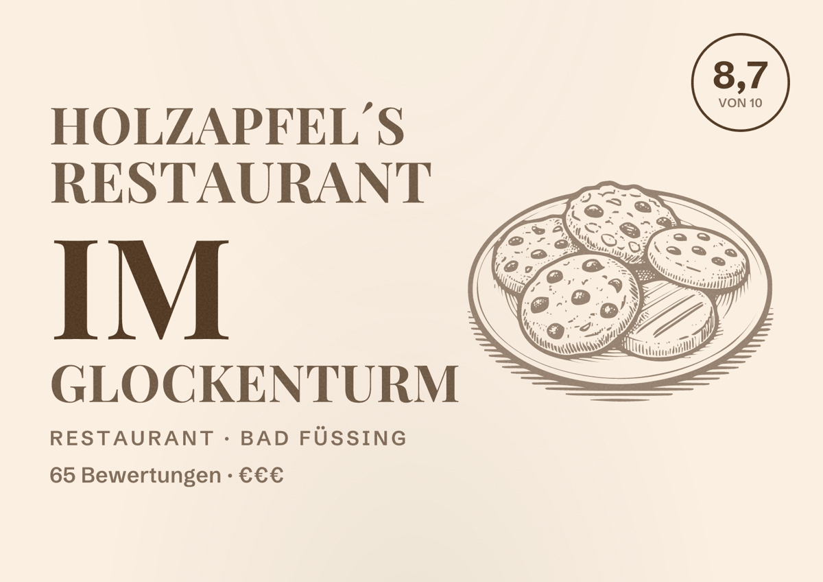 Illustriertes Poster von Holzapfel´s Restaurant im Glockenturm, Restaurant in Bad Füssing: Bewertung 8,7 von 10 aus 65 Bewertungen, Preisniveau €€€