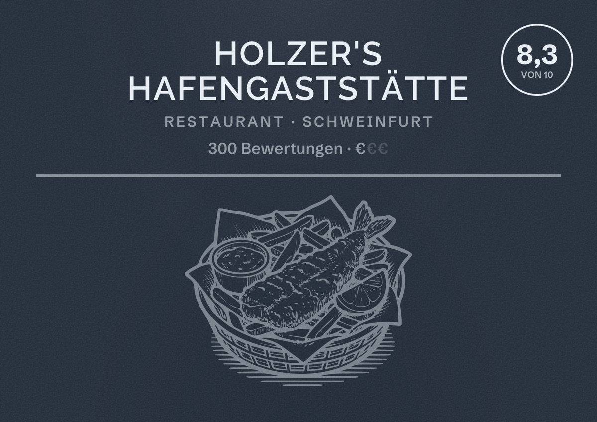 Illustriertes Poster von Holzer's Hafengaststätte, Restaurant in Schweinfurt: Bewertung 8,3 von 10 aus 300 Bewertungen, Preisniveau €