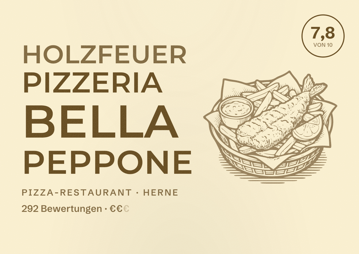 Illustriertes Poster von Holzfeuer Pizzeria Bella Peppone, Pizza-Restaurant in Herne: Bewertung 7,8 von 10 aus 292 Bewertungen, Preisniveau €€