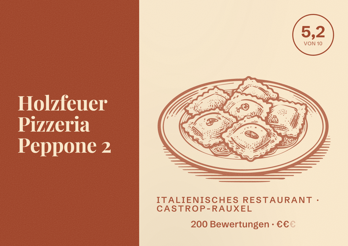 Illustriertes Poster von Holzfeuer Pizzeria Peppone 2, Italienisches Restaurant in Castrop-Rauxel: Bewertung 5,2 von 10 aus 200 Bewertungen, Preisniveau €€