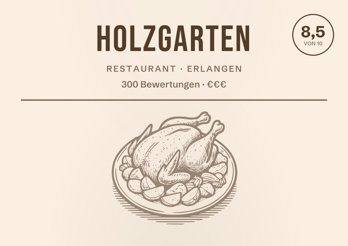 Illustriertes Poster von Holzgarten, Restaurant in Erlangen: Bewertung 8,5 von 10 aus 300 Bewertungen, Preisniveau €€€