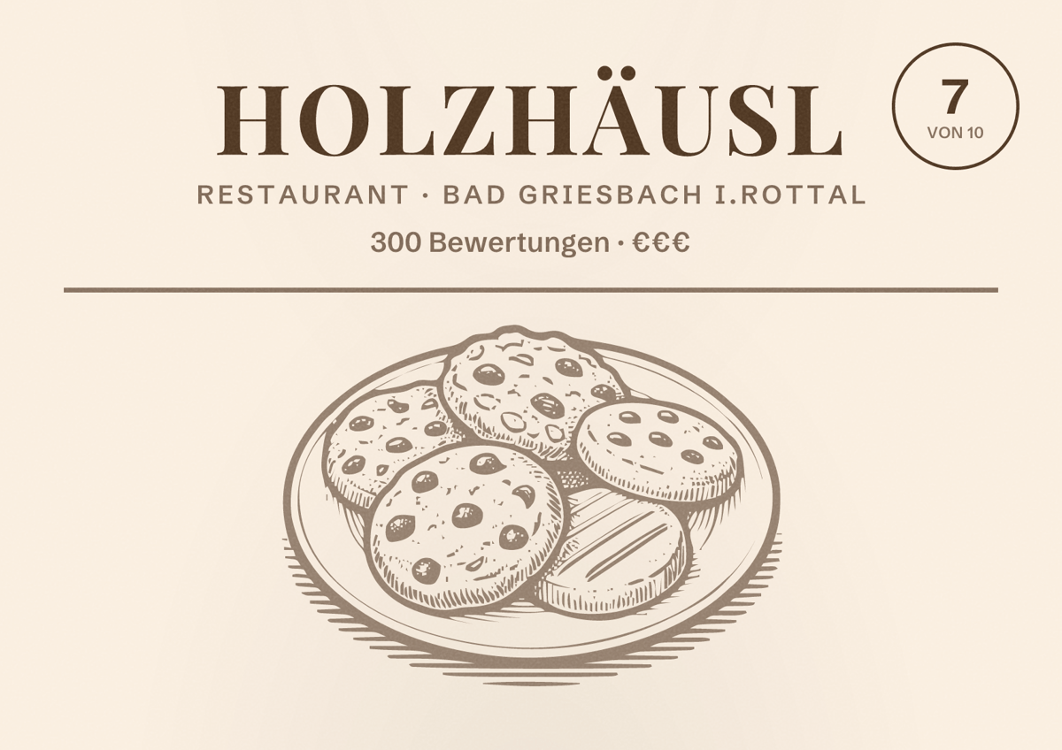 Illustriertes Poster von Holzhäusl, Restaurant in Bad Griesbach i.Rottal: Bewertung 7 von 10 aus 300 Bewertungen, Preisniveau €€€