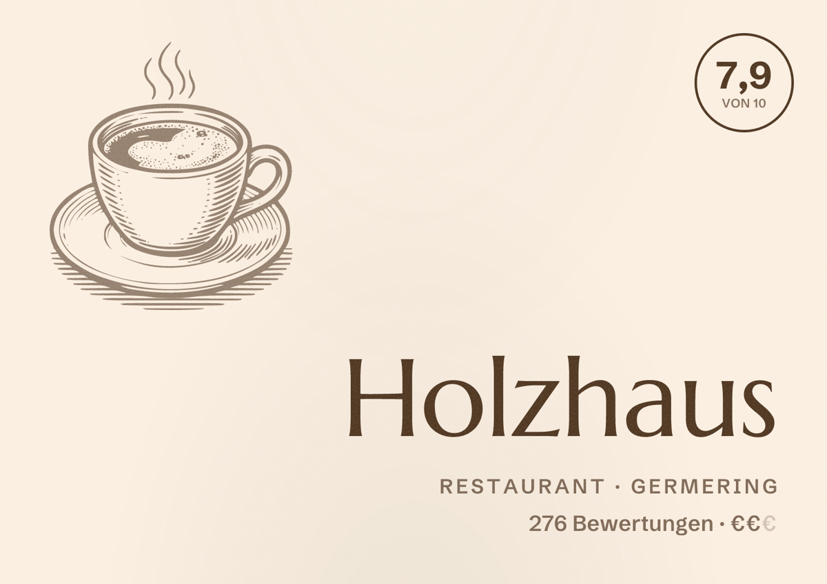 Illustriertes Poster von Holzhaus, Restaurant in Germering: Bewertung 7,9 von 10 aus 276 Bewertungen, Preisniveau €€