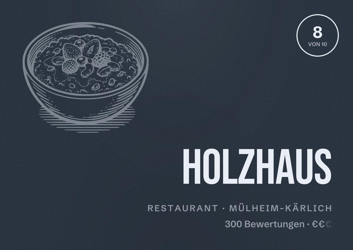 Illustriertes Poster von Holzhaus, Restaurant in Mülheim-Kärlich: Bewertung 8 von 10 aus 300 Bewertungen, Preisniveau €€