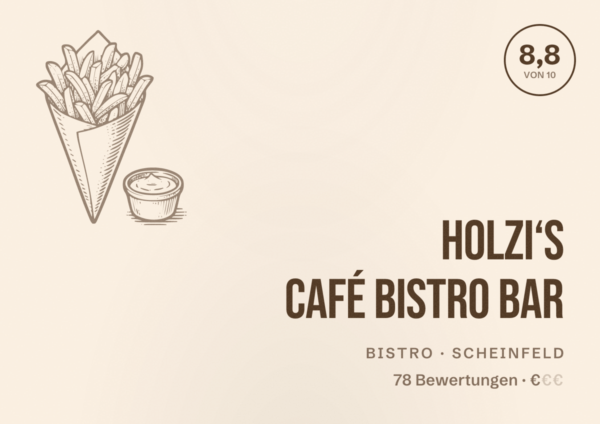 Illustriertes Poster von Holzi‘s Café Bistro Bar, Bistro in Scheinfeld: Bewertung 8,8 von 10 aus 78 Bewertungen, Preisniveau €