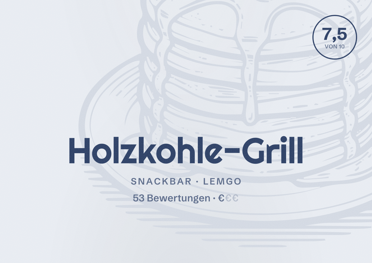 Illustriertes Poster von Holzkohle-Grill, Snackbar in Lemgo: Bewertung 7,5 von 10 aus 53 Bewertungen, Preisniveau €