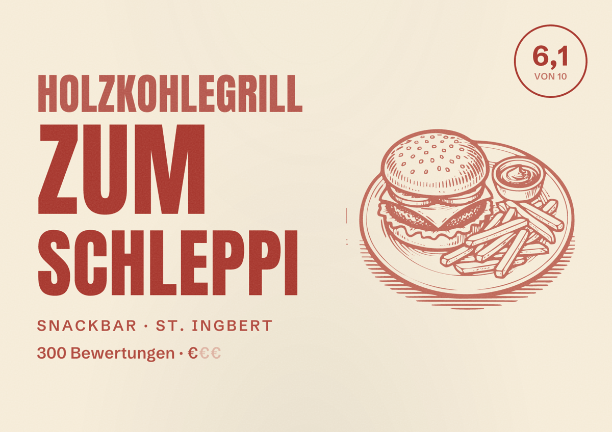 Illustriertes Poster von Holzkohlegrill zum Schleppi, Snackbar in St. Ingbert: Bewertung 6,1 von 10 aus 300 Bewertungen, Preisniveau €