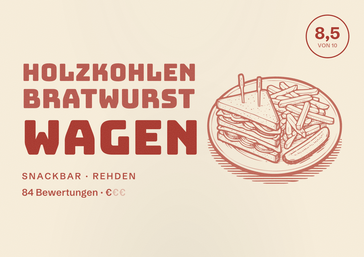 Illustriertes Poster von Holzkohlen Bratwurst Wagen, Snackbar in Rehden: Bewertung 8,5 von 10 aus 84 Bewertungen, Preisniveau €