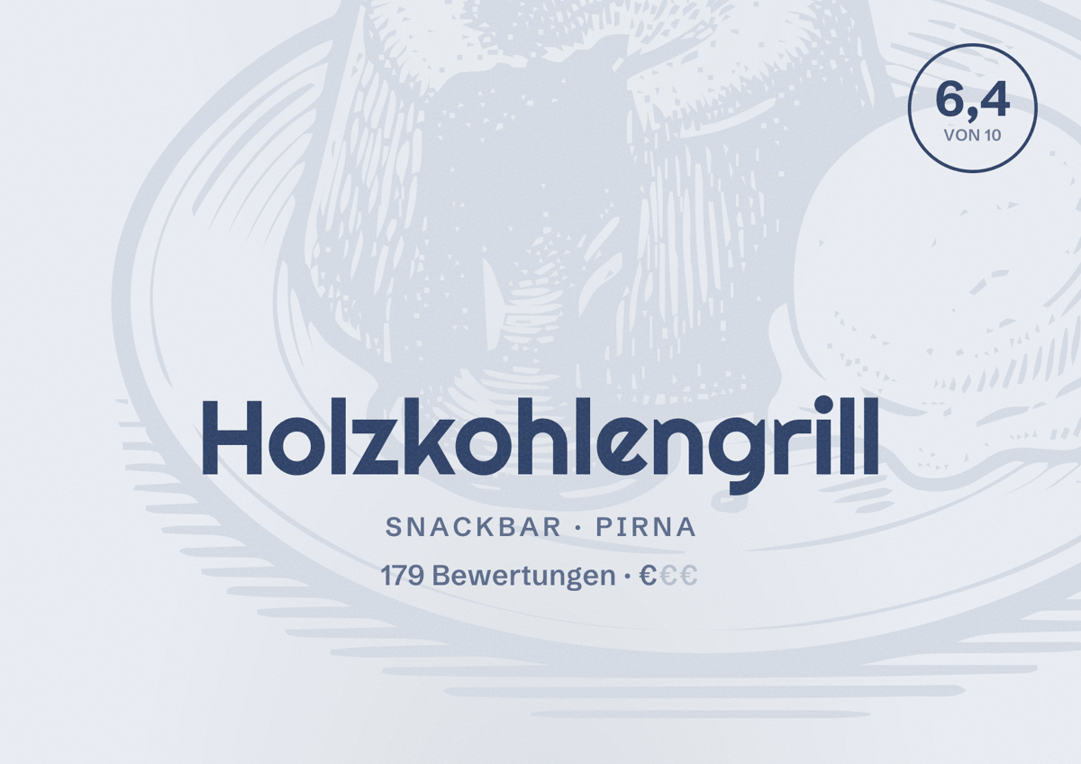 Illustriertes Poster von Holzkohlengrill, Snackbar in Pirna: Bewertung 6,4 von 10 aus 179 Bewertungen, Preisniveau €