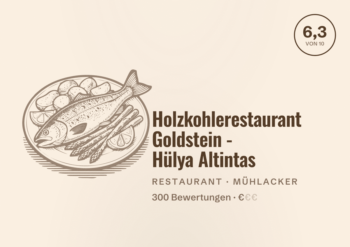 Illustriertes Poster von Holzkohlerestaurant Goldstein - Hülya Altintas, Restaurant in Mühlacker: Bewertung 6,3 von 10 aus 300 Bewertungen, Preisniveau €