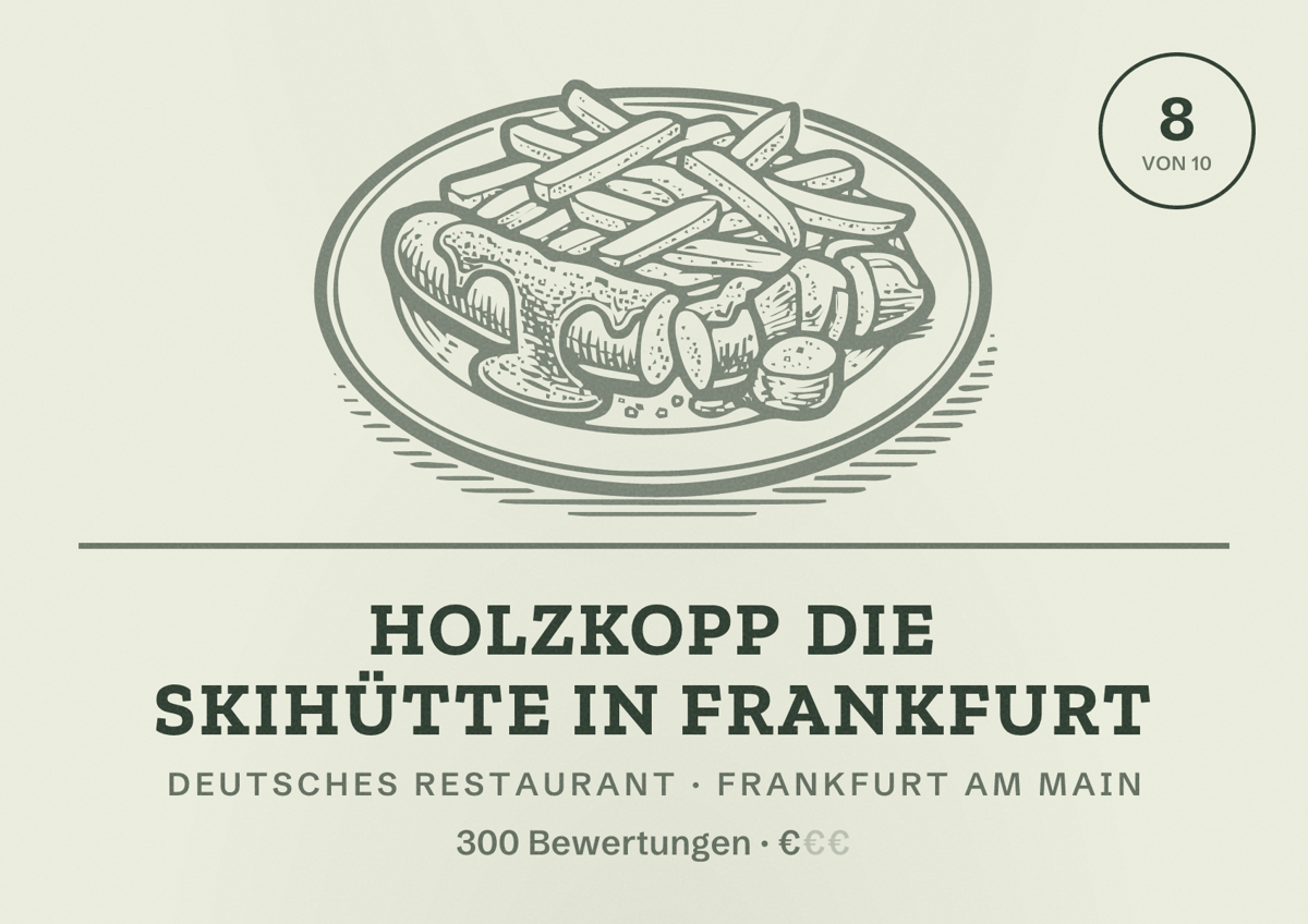 Illustriertes Poster von Holzkopp Die Skihütte in Frankfurt, Deutsches Restaurant in Frankfurt am Main: Bewertung 8,0 von 10 aus 300 Bewertungen, Preisniveau €