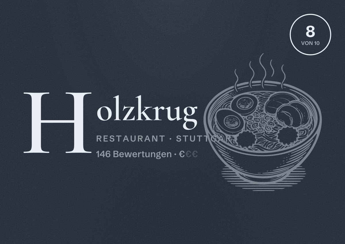Illustriertes Poster von Holzkrug, Restaurant in Stuttgart: Bewertung 8,0 von 10 aus 146 Bewertungen, Preisniveau €